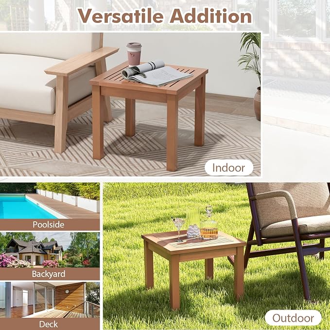 HAPPYGRILL Outdoor Side Table Set, Eucalyptus Wood Square End Table, Wood Patio Table with Slatted Tabletop for Backyard Poolside Porch