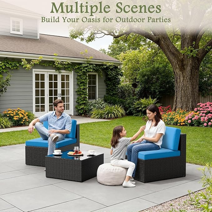 Devoko 3 Pieces Outdoor Patio Conversation Sets, Couch Sectional Sofa Rattan Chair Wicker with Tea Table, Furniture Bistro Sets for Garden,Balcony,Backyard, Blue