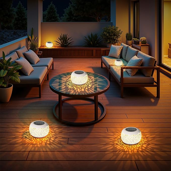 Solar Lanterns Outdoor Waterproof Lights: 2Pack White Hollow Out Metal Table Light, Outside Garden Yard Balcony Indoor Tabletop Lighting Decorations, Unique Gardening Gifts for Women Mom