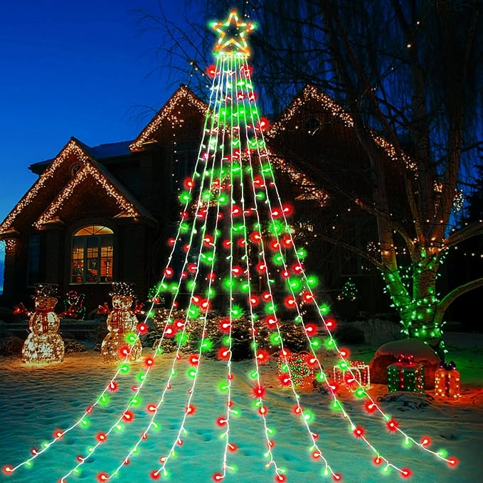 Christmas Lights Outdoor, 320 LED 8 Light Modes Outdoor Christmas Decorations, Plug-in Waterproof Christmas String Lights for Yard, Garden, Party, Holiday, Xmas Decor - Red & Green