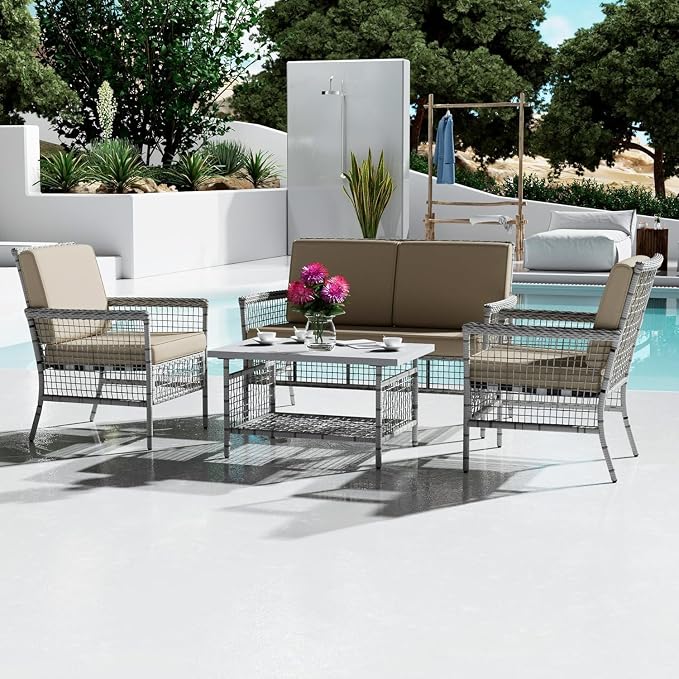 DECMICO 4 Pieces Outdoor Patio Furniture Set, Wicker Rattan Chairs & Loveseat Couch with Side Table and Cushions, All-Weather Patio Seating Set for Backyard, Deck, Porch (Beige)