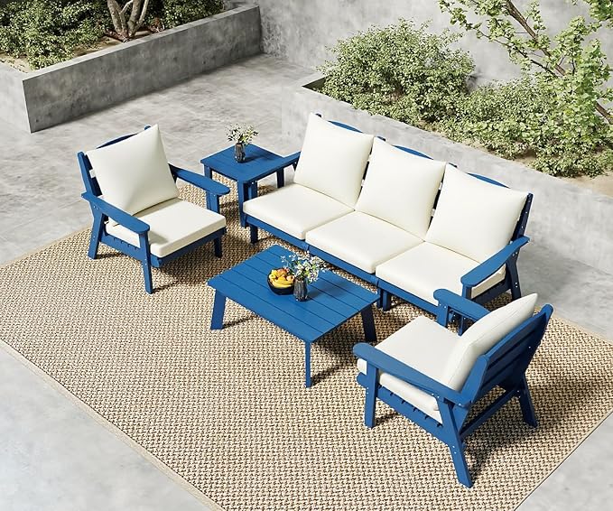 FOOWIN 7-Piece Patio Furniture Set, HDPE All-Weather Outdoor Conversation Set with Thick Cushions, Sectional Patio Sofa Furniture for Deck, Porch, Lawn, Garden, Navy Blue Frame & White Cushion