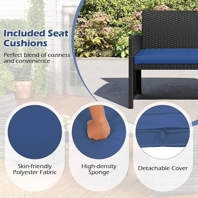 RELAX4LIFE 8-Piece Patio Furniture Set - Wicker Rattan Outdoor Sectional Sofa Set w/Glass Coffee Table, Loveseat, Chairs & Soft Cushions, Bistro Conversation for Garden Porch (2, Black-Navy)