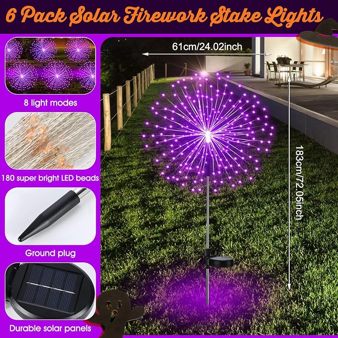 Tujoe 6 Pcs Halloween Solar Firework Stake Lights 180 LED 8 Modes Solar Waterproof LED Sparkler Lights Outdoor Decoration for Garden Patio Yard Pathway Walkway Lawn Xmas Decor (Purple)
