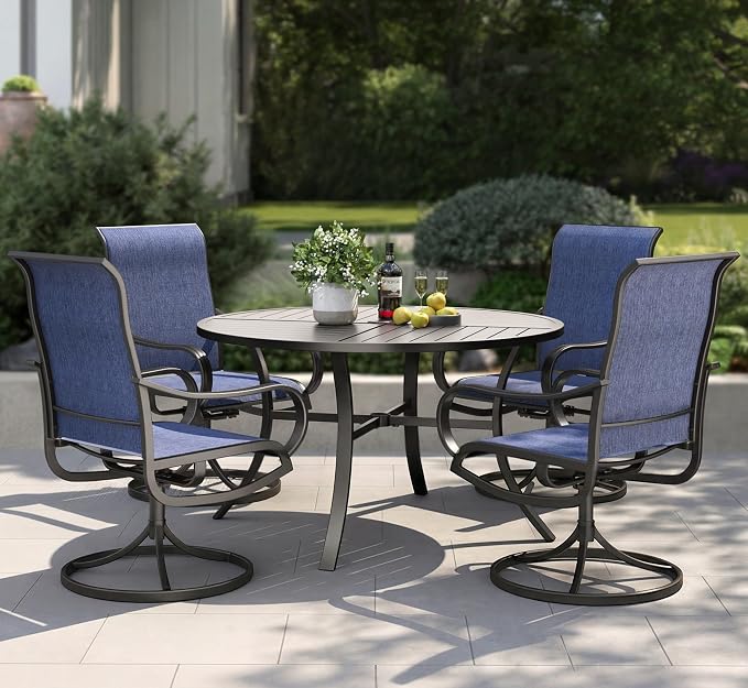 PHI VILLA Patio Dining Set for 4, Round Table & Swivel Mesh Chairs, Blue | 42'' Metal slat table with umbrella hole, E-coating metal frame & Textilene chairs, All-weather design for outdoor, deck