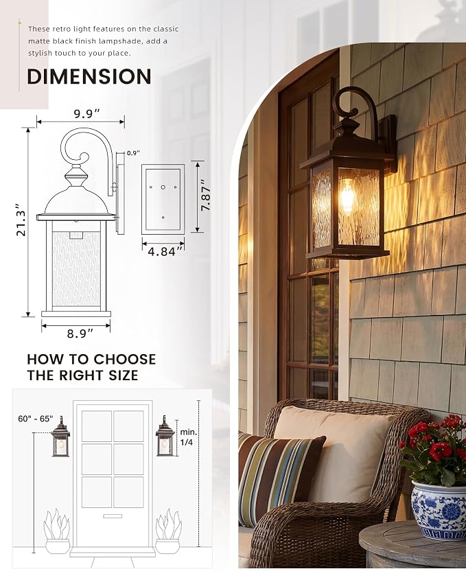 FEMILA 21" Outdoor Wall Light Fixtures, Rust-Proof Waterproof Outdoor Wall Lamp, Ideal for Porch, Patio, Entryway, Garage, with Water Ripple Glass, 4FD54B2 ORB-WP
