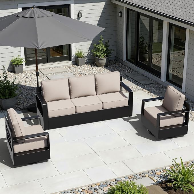 Outdoor Aluminum Furniture Set, 3-Piece Patio Conversation Set, 2 Swivel Chairs and 1 Sofa, All-Weather Metal Frame, 6" Thick Removable Cushions, Deep Setting for Garden, Poolside and Porch