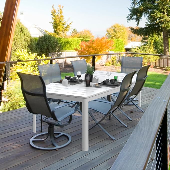Domi Patio Dining Expandable Table, Metal Aluminum Outdoor Table for 6-8 Persons, Rectangular, Ivory White