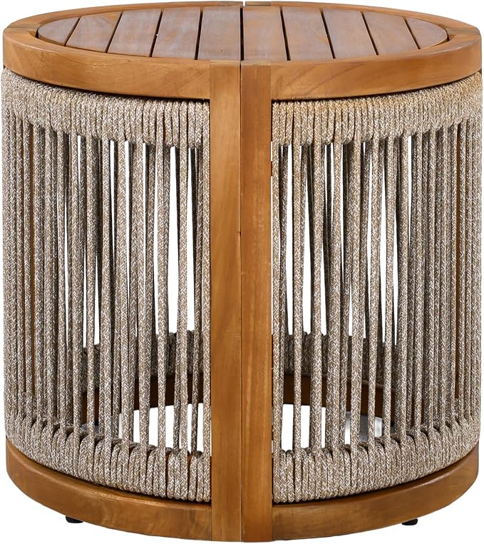 roomfitters 16.9" Acacia Wood Outdoor Side Table, Luxury Handwoven Rope Accent Boho Patio Table, Modern Round Slatted Garden End Table