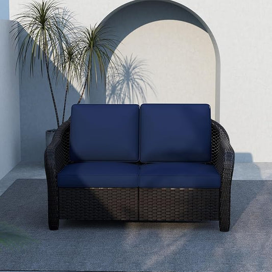 55" Outdoor Loveseat Wicker 2-seat Sofa with Removable Cushions, Conversation Patio Furniture, PE Rattan Couch, Steel Frame Couch with Cushions for Backyard, Deck (Navy Blue)