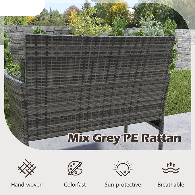 RELAX4LIFE 4-Piece Patio Furniture Set - Rattan Outdoor Conversation Bistro Set w/Cushions, Glass Coffee Table, Wicker Chairs & Loveseat for Garden Backyard Porch, Balcony Furniture Set (1, Mix Grey)
