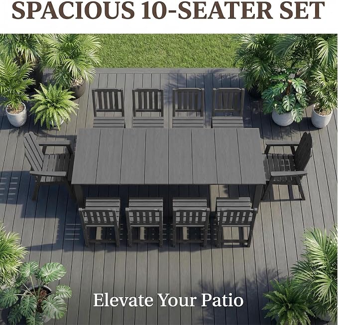 11 Piece Outdoor Table and Chairs Set, Large Patio Dining, Gray | 89.4” table,Large 10 seat patio dining set, mixed chair durable HDPE wood-look, fade and UV resistant for long-term outdoor