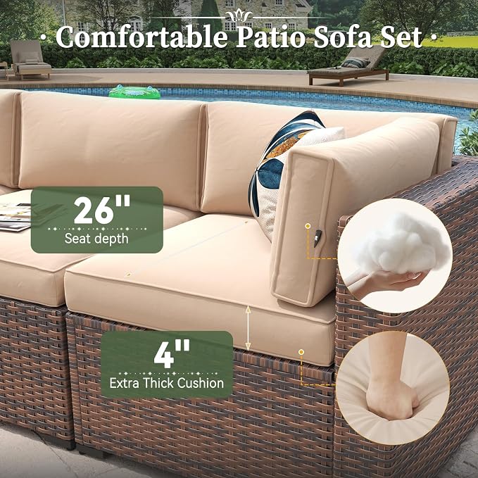 Aoxun 10 Piece Patio Furniture Set Wicker Rattan Patio Conversation Set Outdoor Sectional Sofa Set with Coffee Table and 4” Thickened Cushions, Beige