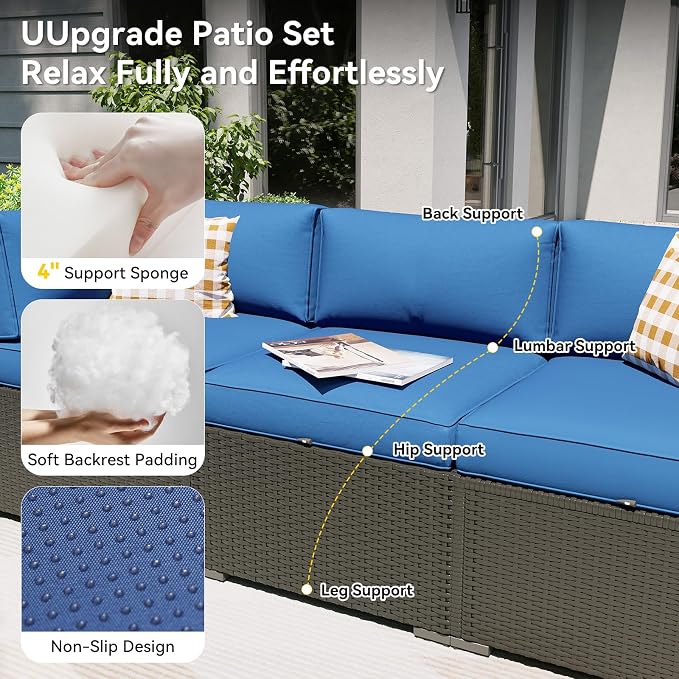 Aoxun Patio Furniture Set with Umbrella, 8 Piece Outdoor Sectional Sofas, Wicker Rattan Outdoor Furniture with Thickened Cushion for Backyard, Garden Navy Blue