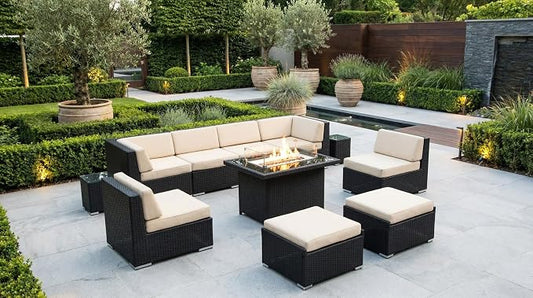 Fully Assembled Ohana 11 Piece Aluminum Wicker Patio Furniture Beige Cushion Oversize Conversation Set with 42-inch Propane Gas Fire Table
