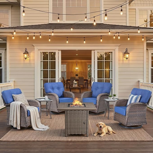 7 Piece Outdoor Patio Furniture Set with 30" Fire Pit Table,Conversation Sectional Wicker Couch with Swivel Chairs,Modern Outside Sofa for Balcony Backyard, Brown/Blue