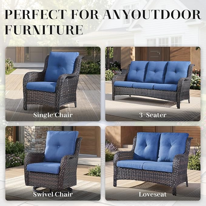 Rilyson Wicker Rocking Chair Swivel Chairs – 6 Piece Rocker Patio Furniture Set Rattan Rocking Bistro Sets with Glass Top Side Table for Outdoor Porch Deck Garden Backyard(Brown/Blue)