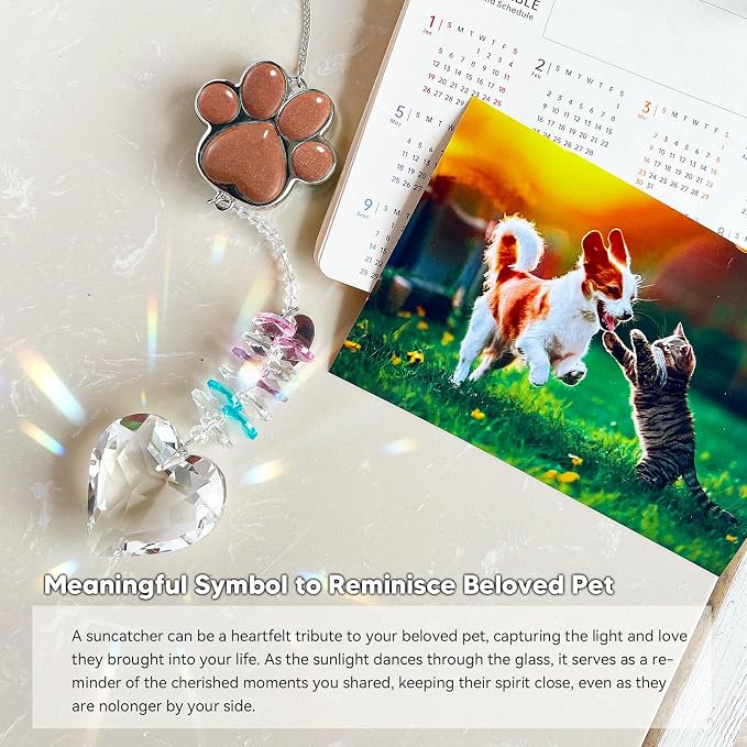 Pet Memorial Suncatcher - Dog Memorial Gifts, Pet Loss Sympathy, Thoughtful Dogs and Cats Condolence Bereavement Remembrance Gifts, Chrysoberyl Cat's Eye Stone Paw Crystal Suncatcher