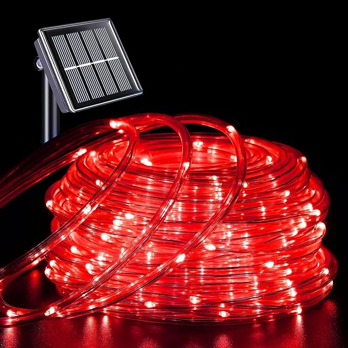 QITONG Red Solar Halloween Lights, 66ft 200 LED Solar Rope Lights Outdoor, 8 Modes Fairy Lights in Clear Thin Tube