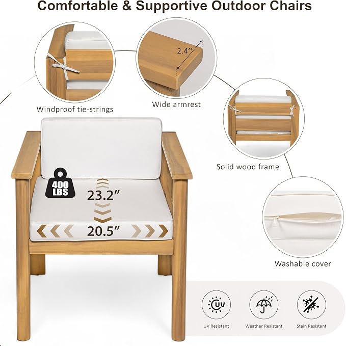 Outdoor 7-Piece Patio Dining Table Set, All-Weather Acacia Wood 72.8" Rectangle Table and 6 Chairs Set with Umbrella Hole and Removable Cushions for Backyard Garden Poolside (Light Teak 72.8'')
