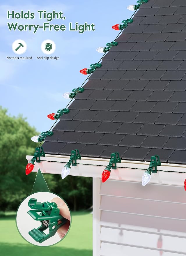 C9 Christmas Lights Outdoor, 102FT 150 LED String Lights with Spring Clips | Waterproof Connectable Commercial Grade Christmas Tree Lights for Outside Roofline Patio Yard Home Xmas Decor, Red|Pure White