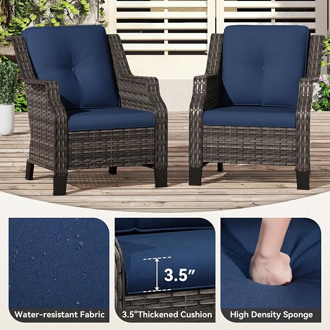 5 Pieces Patio Furniture Set, Outdoor Furniture Set with 2 Patio Chairs, 2 PE Rattan Ottoman, 1 Patio Wicker Loveseat with Thick Cushions, Ideal for Backyard, Garden, Poolside, Blue