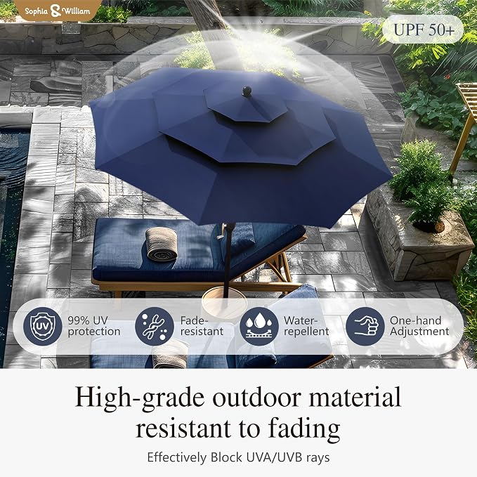 Sophia & William Patio Dining Set for 4 with 10ft 3 Tier Auto-tilt Umbrella, Outdoor Table Furniture Set with 4 x Metal Outdoor Chairs, 1 x Metal Square Dining Table and 1 Navy Blue Patio Umbrella
