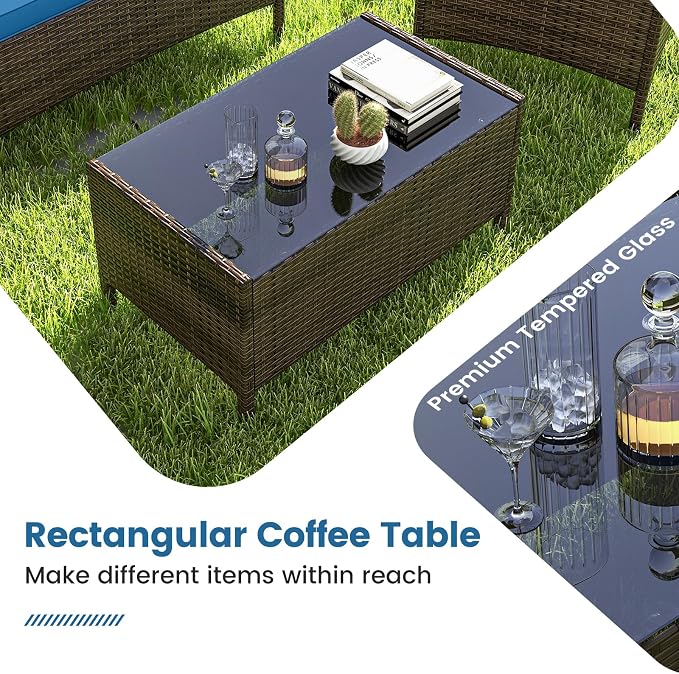 RELAX4LIFE 8-Piece Patio Furniture Set - Rattan Outdoor Conversation Bistro Set w/Cushions, Glass Coffee Table, Wicker Chairs & Loveseat for Garden Backyard Porch, Balcony Furniture Set (2, Peacock)