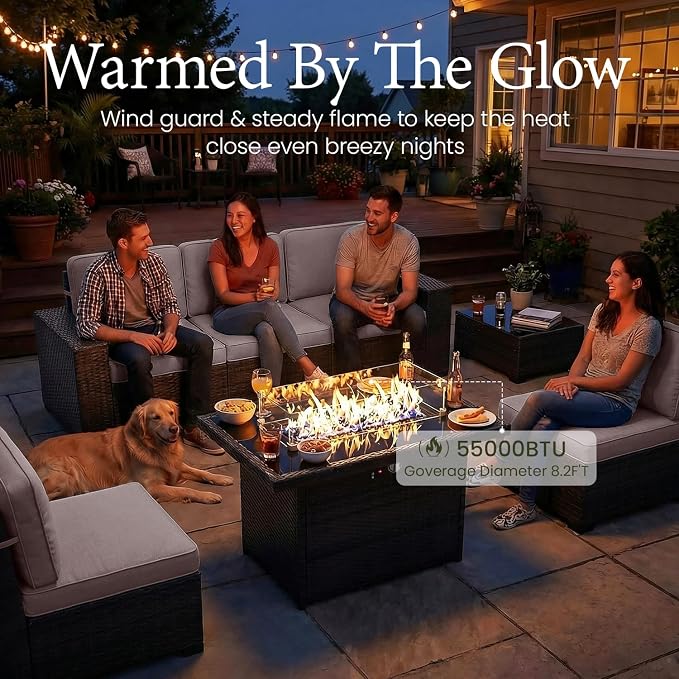 LayinSun 7 Pieces Outdoor Patio Furniture Set with 44" Fire Pit Table Brown Rattan Sectional Sofa Conversation Sets