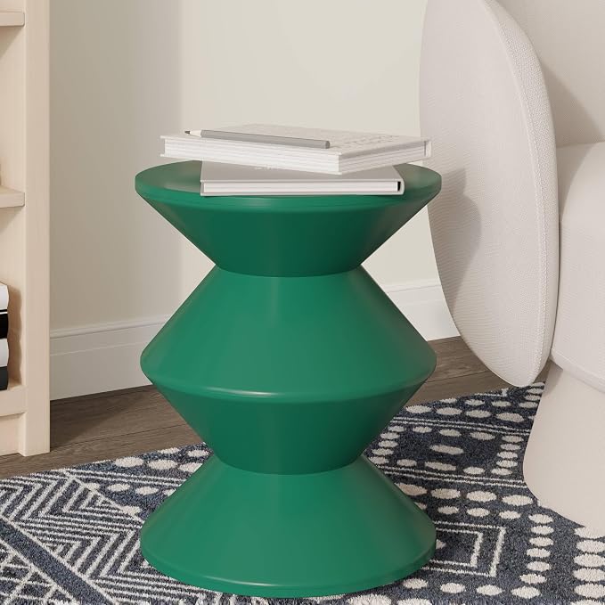 LeisureMod Aura Collection Modern Round Side Table - Green ABS Plastic Double-Hourglass Pedestal - No Assembly Weatherproof Accent Furniture for Living Room, Patio & Outdoor Decor