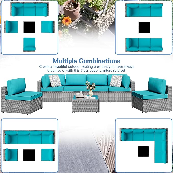 7 Piece Outdoor Patio Furniture Set, Silver Rattan Wicker Sectional Sofa, All Weather Conversation Set with Washable Cushions & Glass Coffee Table for Backyard Poolside Garden Porch,Blue
