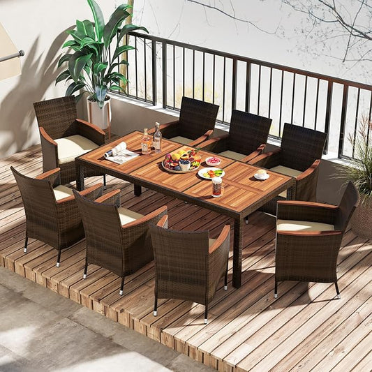 LDAILE Wicker Dining Sets Outdoor Patio, Dining Table Set for 8 Person, Table and Chairs Set with Acacia Wood & Water Resistant Cushions for Backyard Garden, Deuba Brown