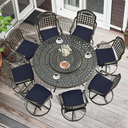 MEETWARM Outdoor 9-Piece Patio Dining Set, All-Weather Cast Aluminum Patio Conversation Set- 8 Cushioned Swivel Rocker, 61" Round Patio Dining Table w/Detachable Lazy Susan/Umbrella Hole, Navy Blue
