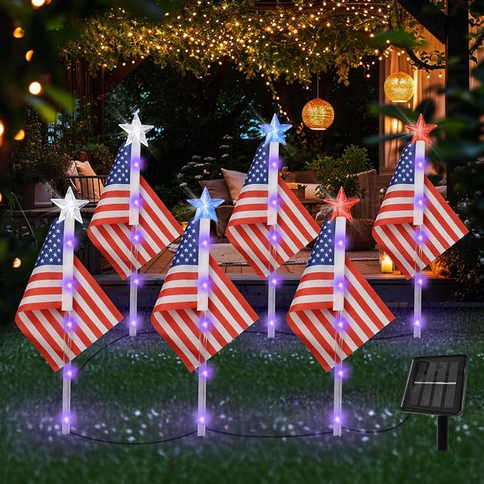 4th of July Decorations Outdoor American Flag Lights, 6-Pack Red White and Blue Solar Stars Lights with 6 USA Flags & 30LED,Bright Patriotic Pathway Lights for Memorial Day Yard Lawn Decor