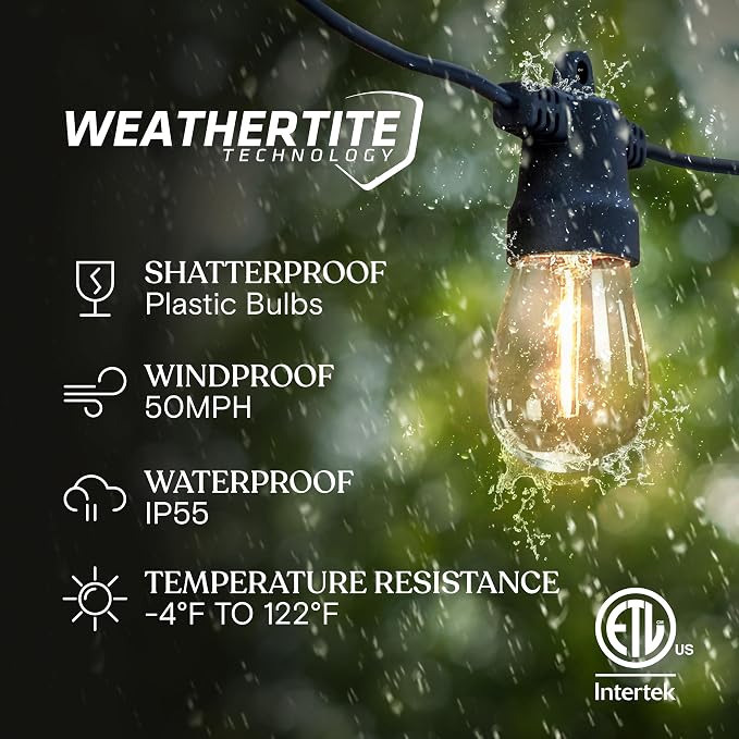 Brightech Ambience Hybrid Outdoor String Lights - Dual Plug and Solar Powered Waterproof LED Light String for Outside - 48 Ft, Soft White Edison Bulbs, for Camping, Patio, Cafe, Yard, Porch