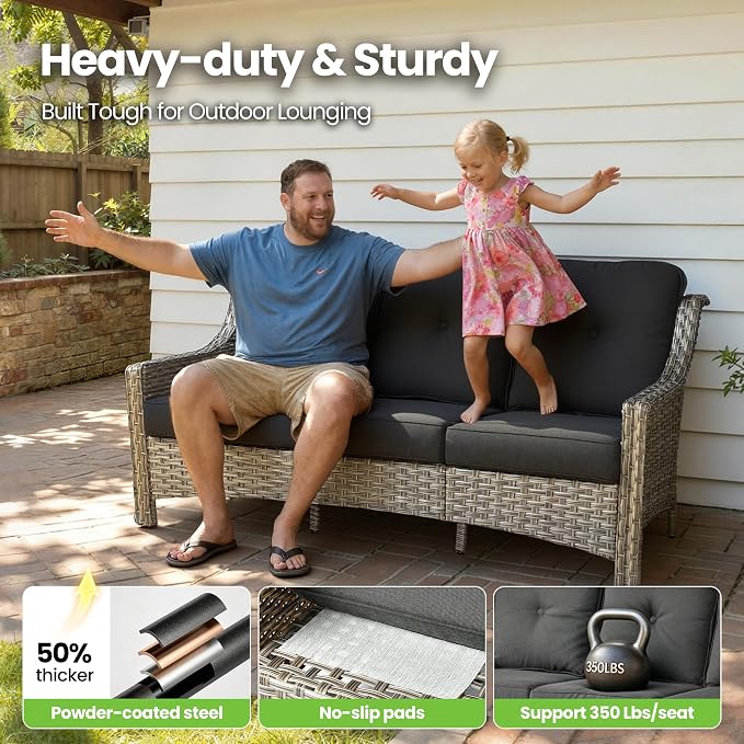6 Piece Patio Furniture Set with Fire Pit Table, Conversation Sets with High Back Swivel Rocker Chairs, Outdoor Wicker Sofa Loveseat with Comfy Cushion for Backyard Deck Garden, Black