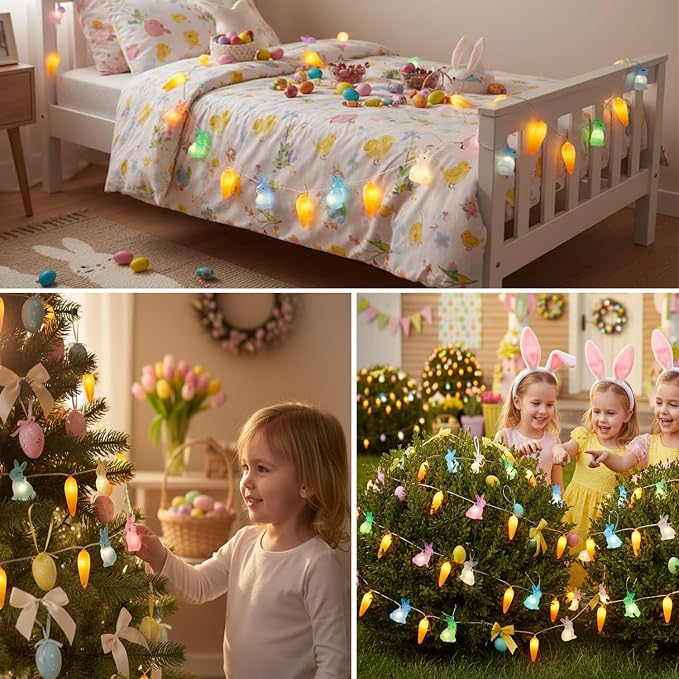 8.5Ft Easter Rabbit String Lights, 10L Plug in Pastel Easter Bunny Carrot Lights Connectable for Outdoor/Indoor Holiday Home Kits Classroom Bedroom Windows Tree Garden Spring Decoration