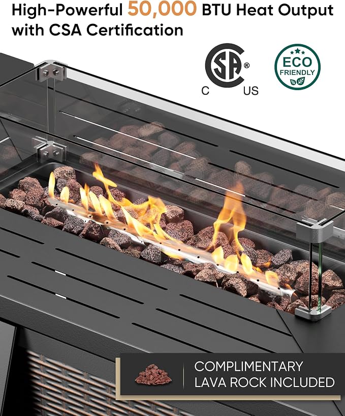 HUMMUH 5-Piece Wicker Swivel Rocker Patio Set with Fire Pit, Brown/Grey | 50,000 BTU gas fire pit, powder-coated steel frame, UV-proof PE wicker, 360-degree swivel, 4-inch thick cushions