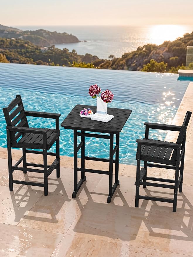 SERWALL Tall Adirondack Chairs Set of 2, Balcony Adirondack Chairs Set, Outdoor Bar Height Widened Chair Set for Bistro, Poolside, Garden, Black