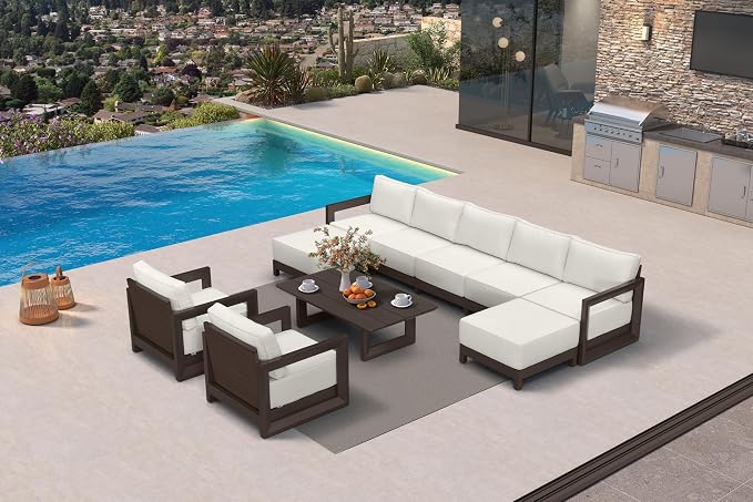 PURPLE LEAF Patio Furniture Set Enclosed Outdoor Couch with 9.6" Thick Cushion and Soft Pillows 10 Piece Outdoor Sectional Sofas with Table Modern Outdoor Conversation Sets for Yard Porch Deck, Bronze