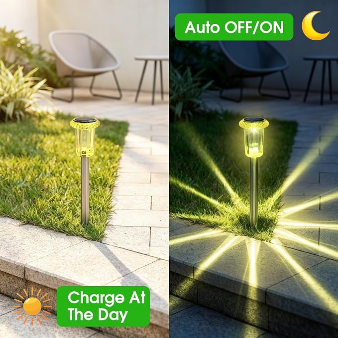 Eyrosa Solar Outdoor Lights Starburst Pattern, 10 Pack High-Visibility Lemon Yellow Housing, Waterproof Stainless Steel Solar Stake Lights for Pathway Garden Yard Walkway Driveway Lawn Outside Decor