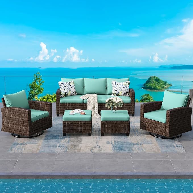 SUNSHINE VALLEY Swivel Glider Patio Furniture Set Outdoor Furniture Brown Wicker Rattan Patio Conversation Sets with Cushion Outside Sofa Set,5 Pieces 7 Seats,Blue