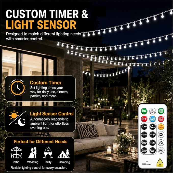 Crystal Globe String Lights 2500mAh Rechargeable Battery Operated | 16FT 50LED Outdoor Waterproof with Remote, Timer & 8 Modes, Fairy Lights for Yard Garden Patio Wedding Christmas (White)