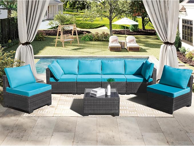 CANMOV 7 Pieces Patio Furniture Sets, All Weather Outdoor Patio Conversation Set, PE Wicker Rattan Sectional Sofa Couch Glass Coffee Table Washable Cushions, Peacock Blue