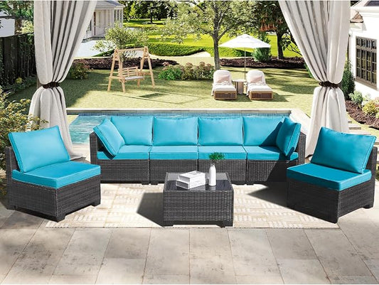 CANMOV 7 Pieces Patio Furniture Sets, All Weather Outdoor Patio Conversation Set, PE Wicker Rattan Sectional Sofa Couch Glass Coffee Table Washable Cushions, Peacock Blue