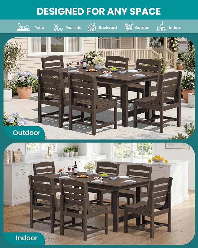 SERWALL HDPE Outdoor Dining Set for 10 with 2 Tables & 10 Chairs, Coffee | Includes 2 Rectangular Tables(67") and 10 Chairs. All-Weather Resistant Dining Furniture