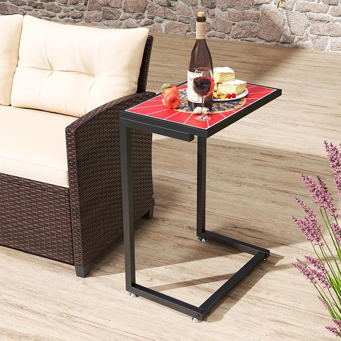 Tangkula C-Shaped Outdoor Side Table, w/Ceramic Top & Anti-Rust Metal Frame, Small Patio End Table for Couch, Sofa & Bed, Outdoor & Indoor Accent Furniture for Living Room, Poolside, Balcony (1, Red)