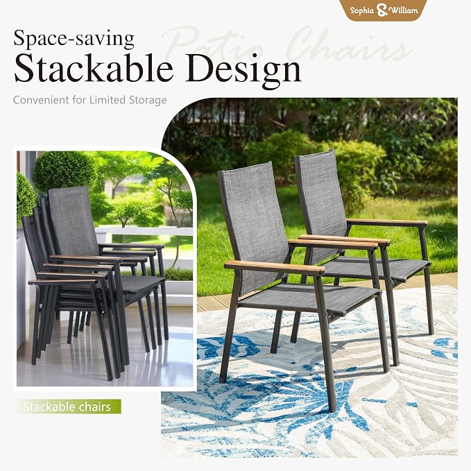 Sophia & William Patio Dining Chairs Set of 4, Stackable Aluminuum Frame | Grey textilene, Weather-resistant, light-weight & space-saving, Breathable & quick-drying, Outdoor deck backyard porch