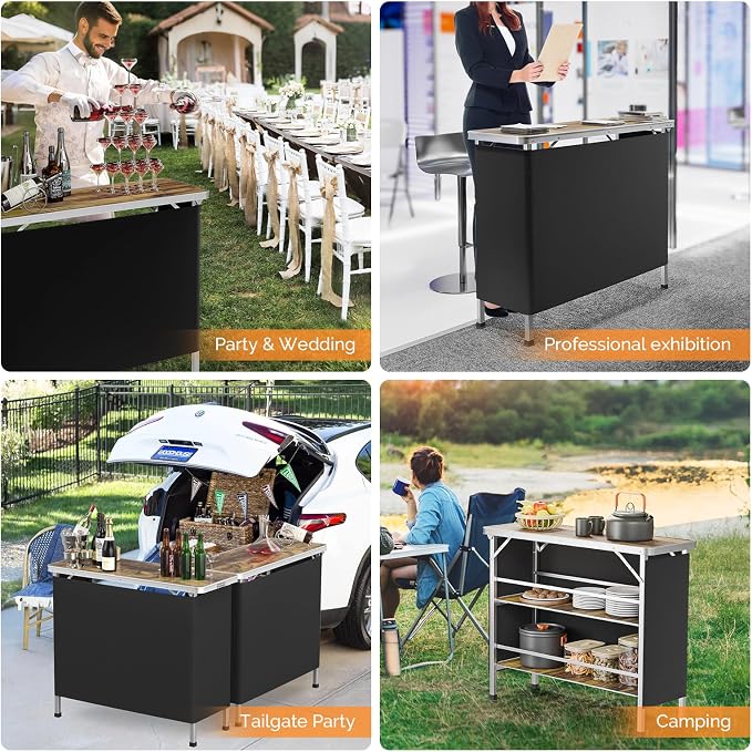 VINGLI 43" Portable Bar Table, 3-Tier Shelves, Carry Bag，Mobile Bar Table for Events, Party, Camping, Picnic, Tradeshow, Outdoor & Indoor with Black Skirt(2, 43") (2) (Natural, 43")