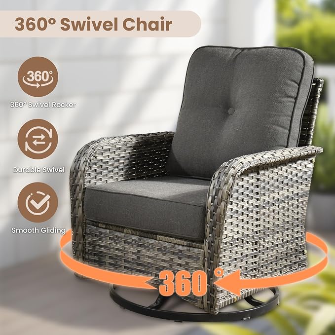 HOOOWOOO Patio Furniture Set,3 Pieces Outdoor Conversation Set,All Weather Wicker High Back Swivel Chairs Bistro Set with Side Table,Black